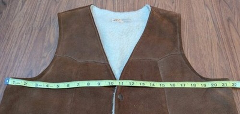 VTG Suede Leather Sherpa Vest Mens 44 SIMCO Brown Lined Snap Western FLAWED - Picture 5 of 12